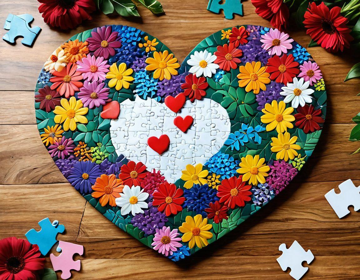 A heart-shaped interlocking puzzle symbolizing strong romantic connections, surrounded by vibrant flowers to signify growth and love. Include diverse couples engaged in meaningful activities in the background, representing unity and communication. The colors should be warm and inviting, conveying comfort and passion. This visual aims to express the essence of lasting relationships and emotional bonds. super-realistic. vibrant colors. white background.