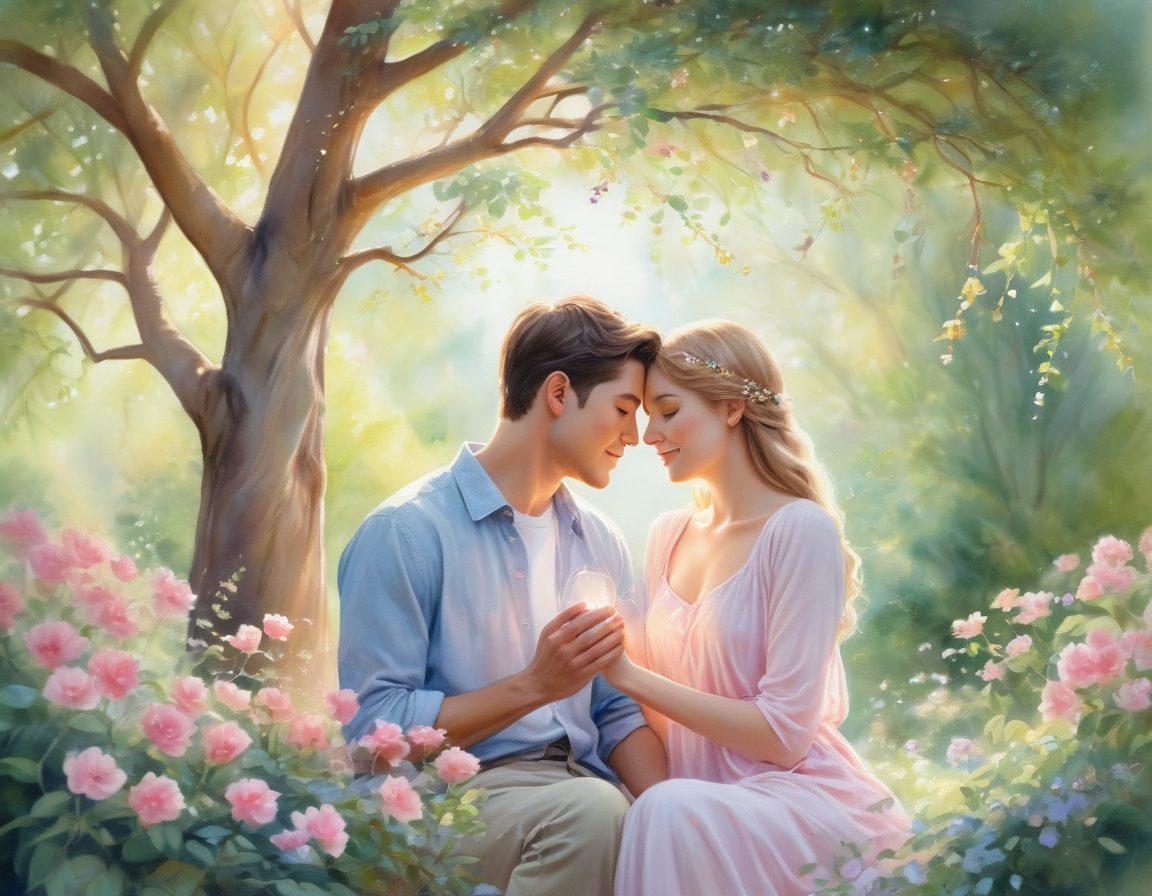 A warm, cozy scene depicting a couple sharing an intimate moment in a beautiful garden, surrounded by blooming flowers and soft fairy lights. Their expressions radiate love and connection, while a heart-shaped tree symbolizes growth and devotion. The background features soft pastel colors and gentle sunlight streaming through the leaves, creating a dreamy atmosphere. watercolor painting. soft focus.